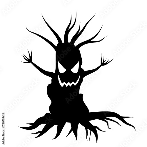 Black Halloween tree with facial expression and a spider web. 