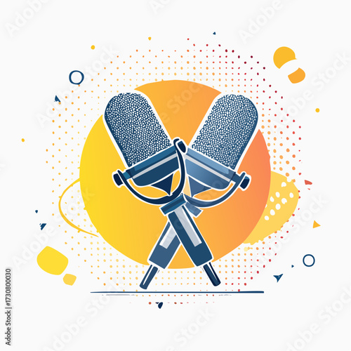 Podcast equipment illustration showcasing professional audio recording studio setup with microphones