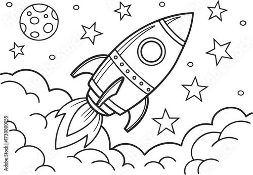 Rocket Soaring Through Space with Stars and Moon