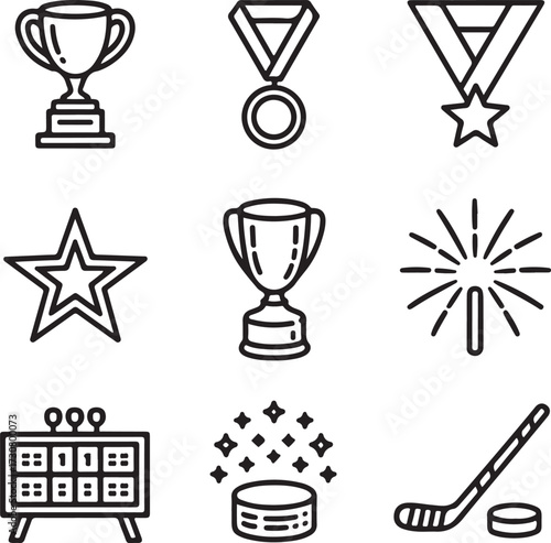 Ice Hockey Championship Icon Pack Trophy, Medal, Star, Cup, Scoreboard, Fireworks, Hockey Stick, and Puck Victory Graphics