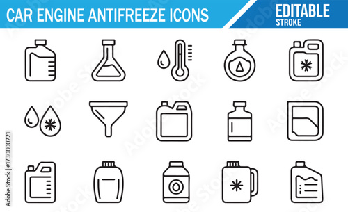Engine Antifreeze UI Icons — Minimal Linear Symbols for Fluids, Thermometers, and Service