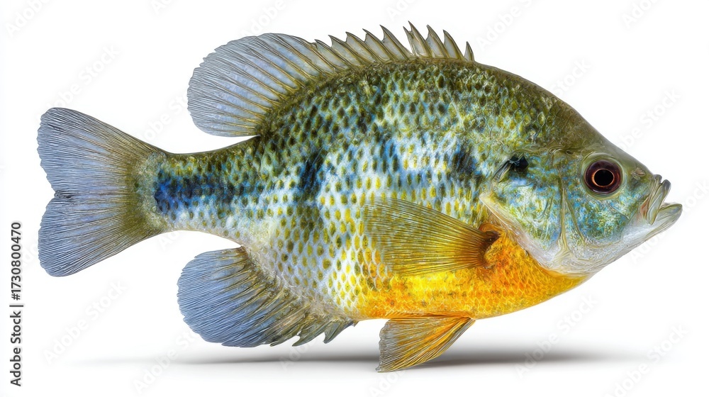 Fototapeta premium Underwater scene features a beautifully colored fish swimming gracefully. Its bright scales reflect the sunlight highlighting intricate patterns and colors in the shimmering water.