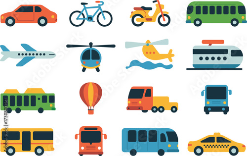 Collection of colorful flat icon illustrations representing various modes of transportation and vehicles