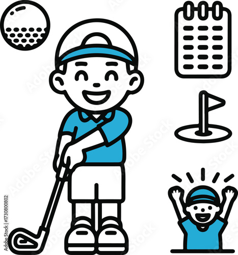 Kids Golf League Vector Icons Mini Club, Small Ball, Cap, Jersey, Mini Hole, Shoes, Scorecard, and Cheer Celebration Outline Collection
