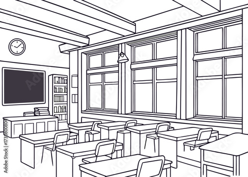 Classroom Interior Illustration with Desks Blackboard and Natural Light
