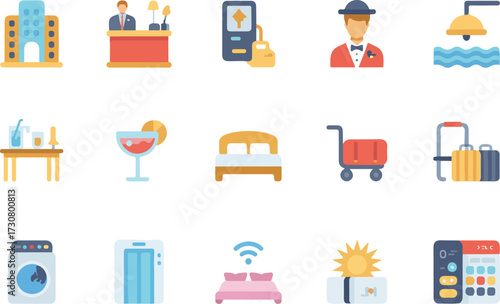 Collection of colorful hotel and travel icons representing various services and amenities