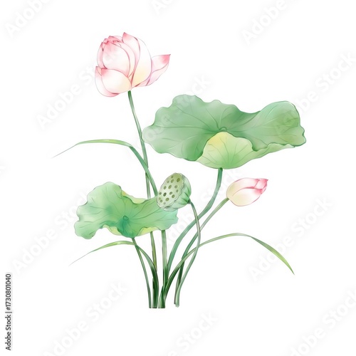 水彩画の蓮の花と葉の白背景のイラスト