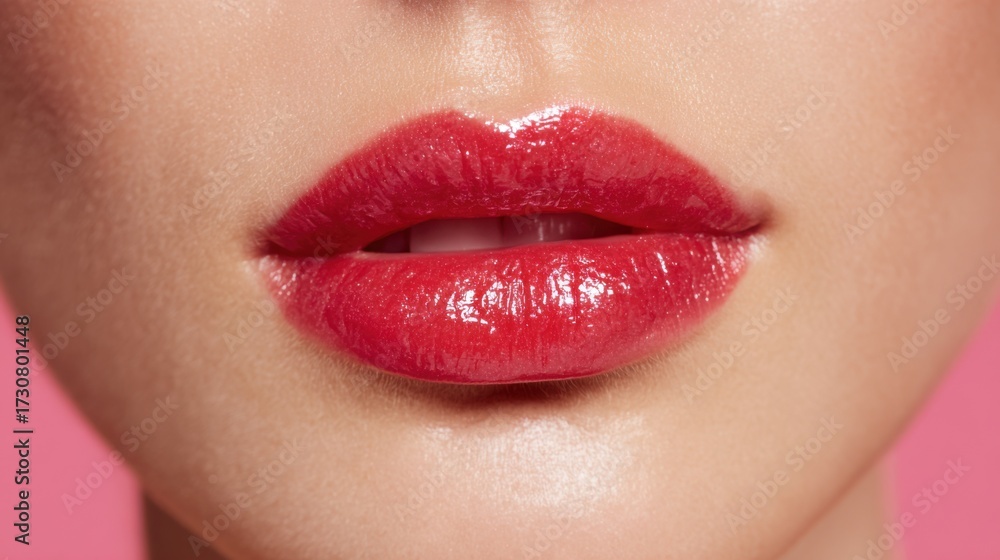 Fototapeta premium Close-up view of lips coated in glossy red lipstick. The smooth texture and shine enhance beauty while the pink backdrop adds a playful touch to the scene.