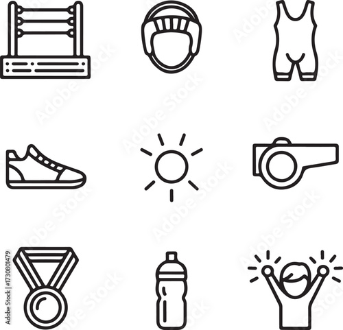 Kids Wrestling League Vector Icons Mini Mat, Youth Singlet, Headgear, Shoes, Coach Whistle, Medal, Water Bottle, and Cheer Celebration Outline Collection