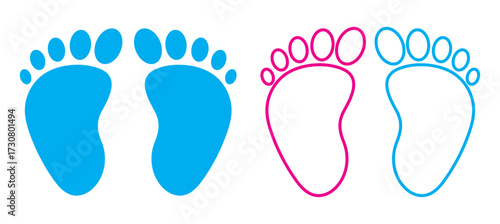 Baby feet silhouette icon set, minimalist vector illustrations symbolizing newborn life, family bonding, infant care, baby announcements, healthcare concepts, and professional digital. EPS 10.