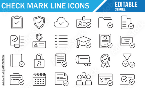Security and Identity Check Icons — Linear Verification Symbols for Business Docs