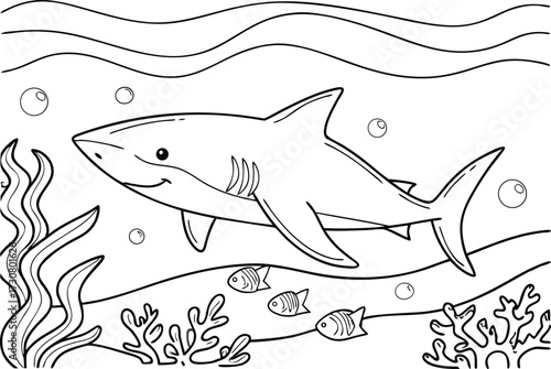 Cartoon Shark in the Ocean Coloring Page with Fish and Coral