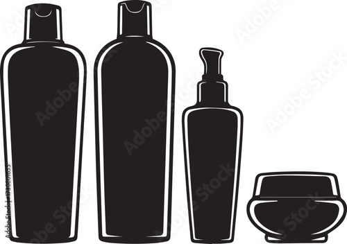Cosmetic product silhouette lineup showcasing bottles and jars for beauty and skincare branding