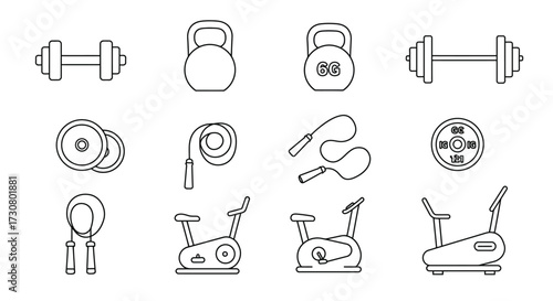 Line art depicting various gym equipment for fitness and exercise routines