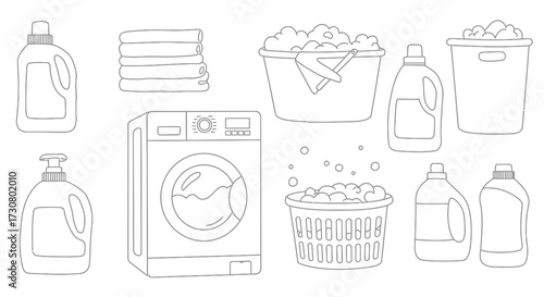 Laundry day illustration featuring washing machine detergent and fresh clothes