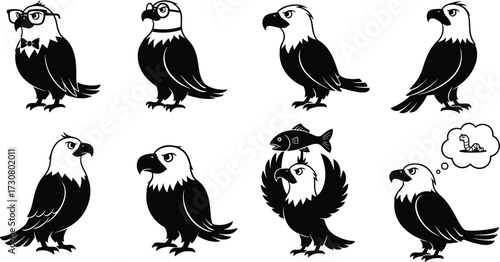 Cartoon eagle illustration set, funny eagle vector, eagle with glasses, eagle holding fish, eagle mascot drawing, eagle character design, black and white eagle art