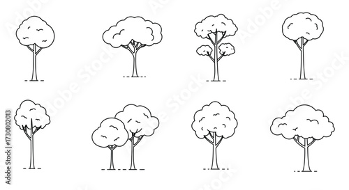 Simple outline illustrations of various tree shapes and foliage designs