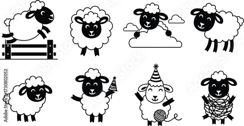 Cartoon sheep collection, cute farm animal illustration, playful lamb character, party sheep clipart, wool vector design, children’s artwork, livestock graphic