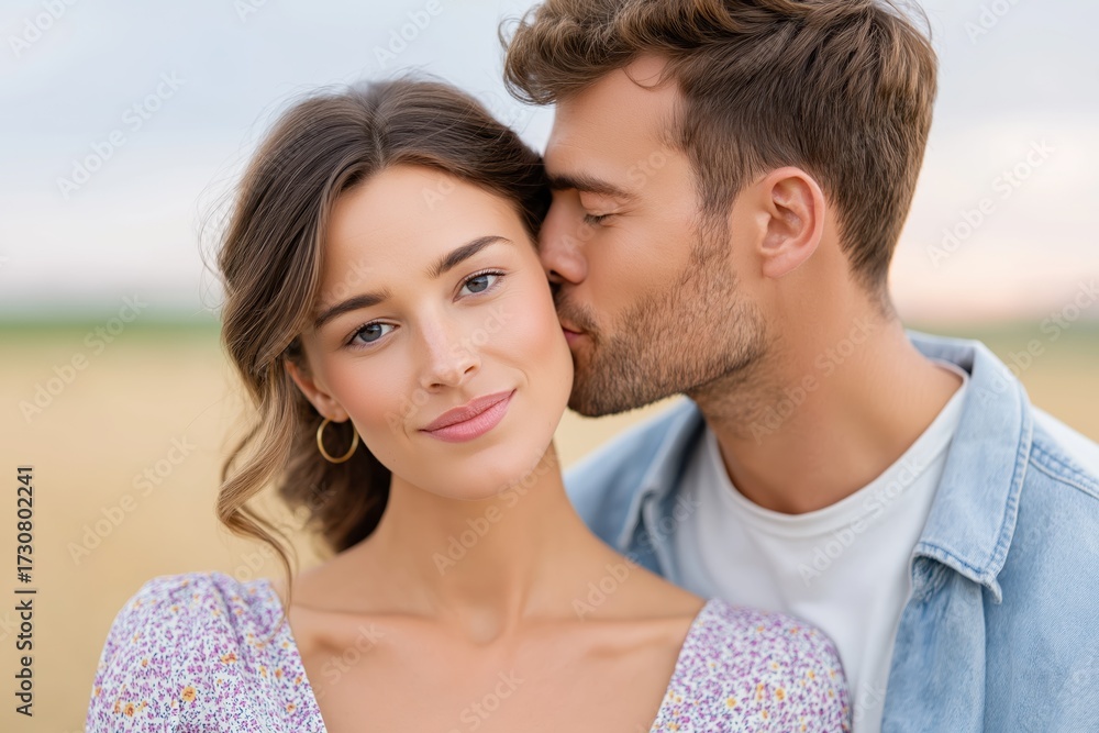 Fototapeta premium Romantic couple outdoors at sunset, man gently kissing woman on cheek, soft warm light and natural background, concept of love, tenderness and happiness
