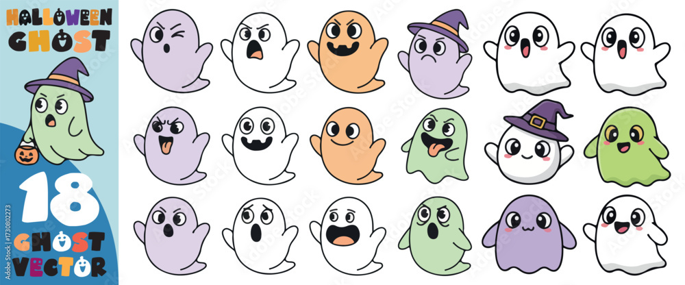 Obraz premium Collection of eighteen cute cartoon ghosts in various colors and expressions for halloween themed designs and decorations
