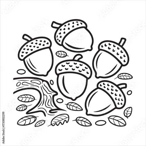 Hand Drawn Acorns with Leaves Vector Illustration – Autumn Nature Design for Seasonal Decor and Coloring
