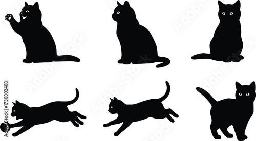 Cat silhouettes sitting and playing, domestic pet illustration, feline animal artwork, posture study design, black cat drawing, playful behavior reference, creative design