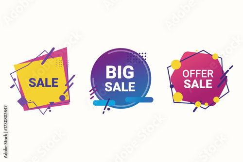 Vector art collection of sale stickers with geometric shapes perfect for promotion design It includes various labels like Sale and Big Sale.