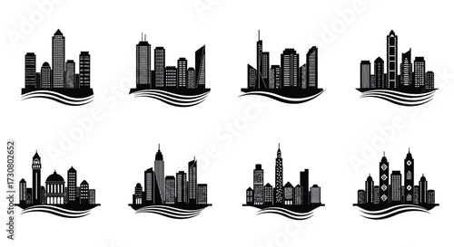 Eight monochromatic city skyline illustrations with wave like bases below