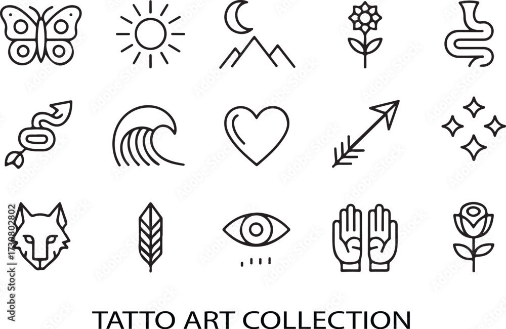 Fototapeta premium Collection of minimalist tattoo art designs featuring butterflies sun mountains flowers and more