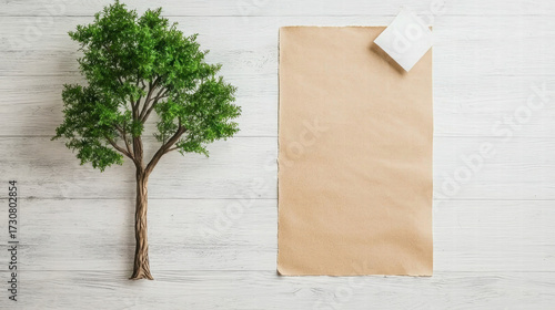 Vintage parchment paper with small green tree on white wooden background, nostalgic and natural mood