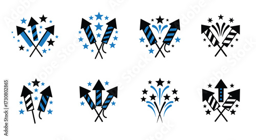 Collection of blue and black firework icons in various designs