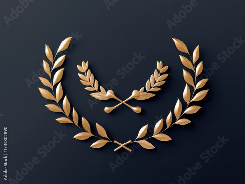 Gold laurel wreath emblem with crossed laurel branches and leaves, elegant metallic badge with polished gold finish
