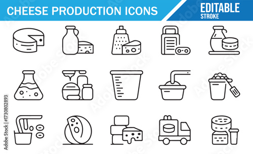 Artisan Cheese Icons — Clean Linear Set for Dairy Processing and Packaging