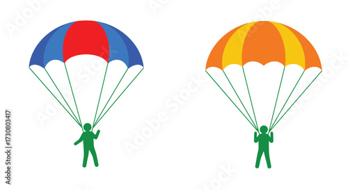 Two colorful parachutes with silhouetted figures descending from above