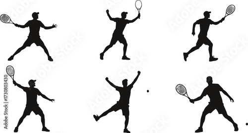 Tennis player silhouette, dynamic action poses, sports vector, athlete movement, racket swing, professional game, black figure, isolated illustration