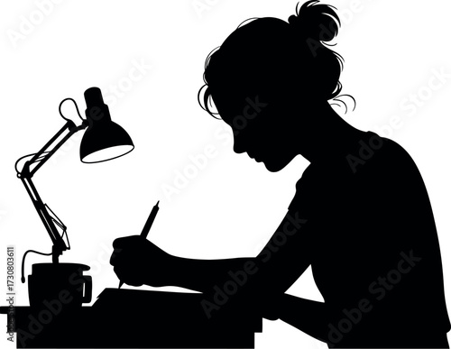 Silhouette of person writing at desk with lamp vector
