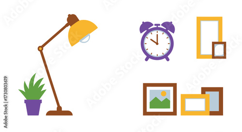 A simple illustration featuring a lamp clocks plants and picture frames