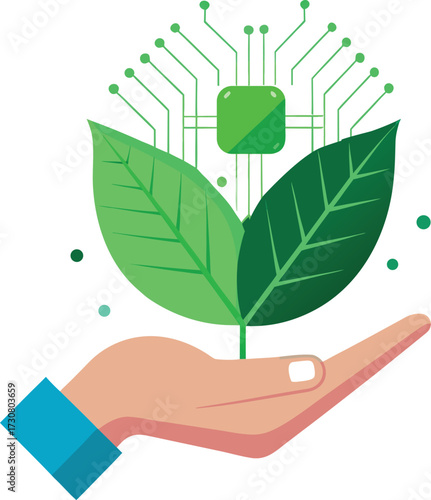 Hand Nurturing Bio Tech Plant with Circuit Chip: Sustainable Future, Eco Innovation, and Digital Agriculture
