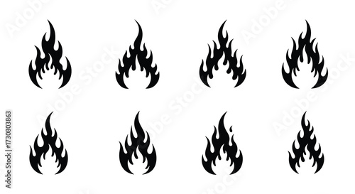 Eight black flame designs arranged in a grid pattern on white background