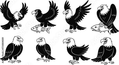 Eagle illustration set, cartoon eagle vector, flying eagle drawing, eagle with fish, hunting eagle art, bold eagle mascot design