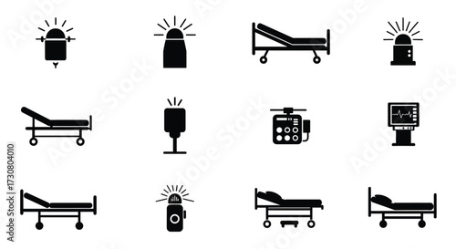Hospital equipment and medical devices icons in a black and white style