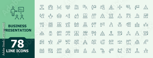 Business Presentation icon set in linear style. Icons for application. Editable stroke. Speak icon set. Contains such symbols as seminar, teamwork, audience, meeting and more.