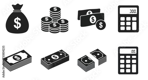 Illustrative icons depicting money finance calculations and wealth management concepts