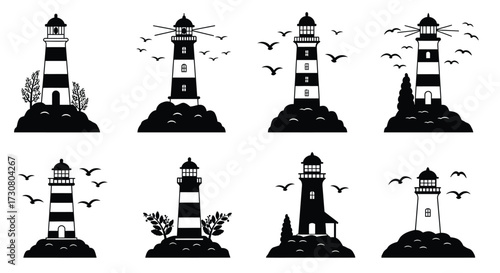 A collection of black and white lighthouse illustrations with flying birds