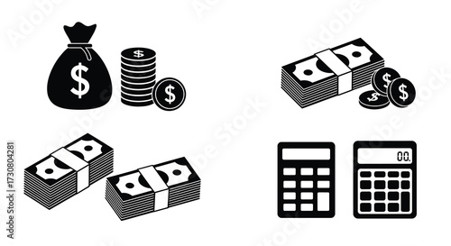 Money stacks of cash and a calculator depicted in black and white