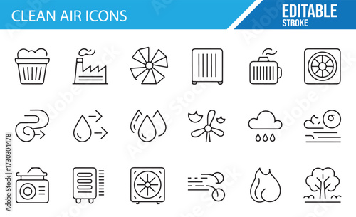 Indoor Air Quality Icons — Linear Symbols for HVAC, Dust, Pollen, and Purifiers