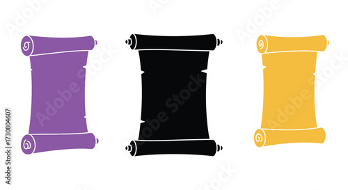 Three colorful scrolls with ribbons displayed in a simple flat design