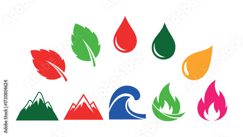 Elemental Icons: A vibrant assortment of minimalist icons representing the core elements, including water, fire, air, and earth. Clean lines and bold colors create a visual harmony.