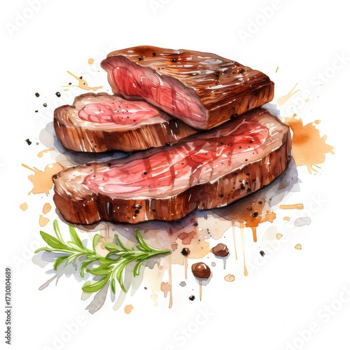 水彩風 赤身ステーキのカットとハーブ装飾 白背景