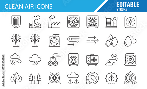 Clean Air & Ventilation Icons — 25 editable stroke line symbols for filters, purifiers, HVAC, fans, airflow, humidity, rain, CO2, green environment, and air quality on white background